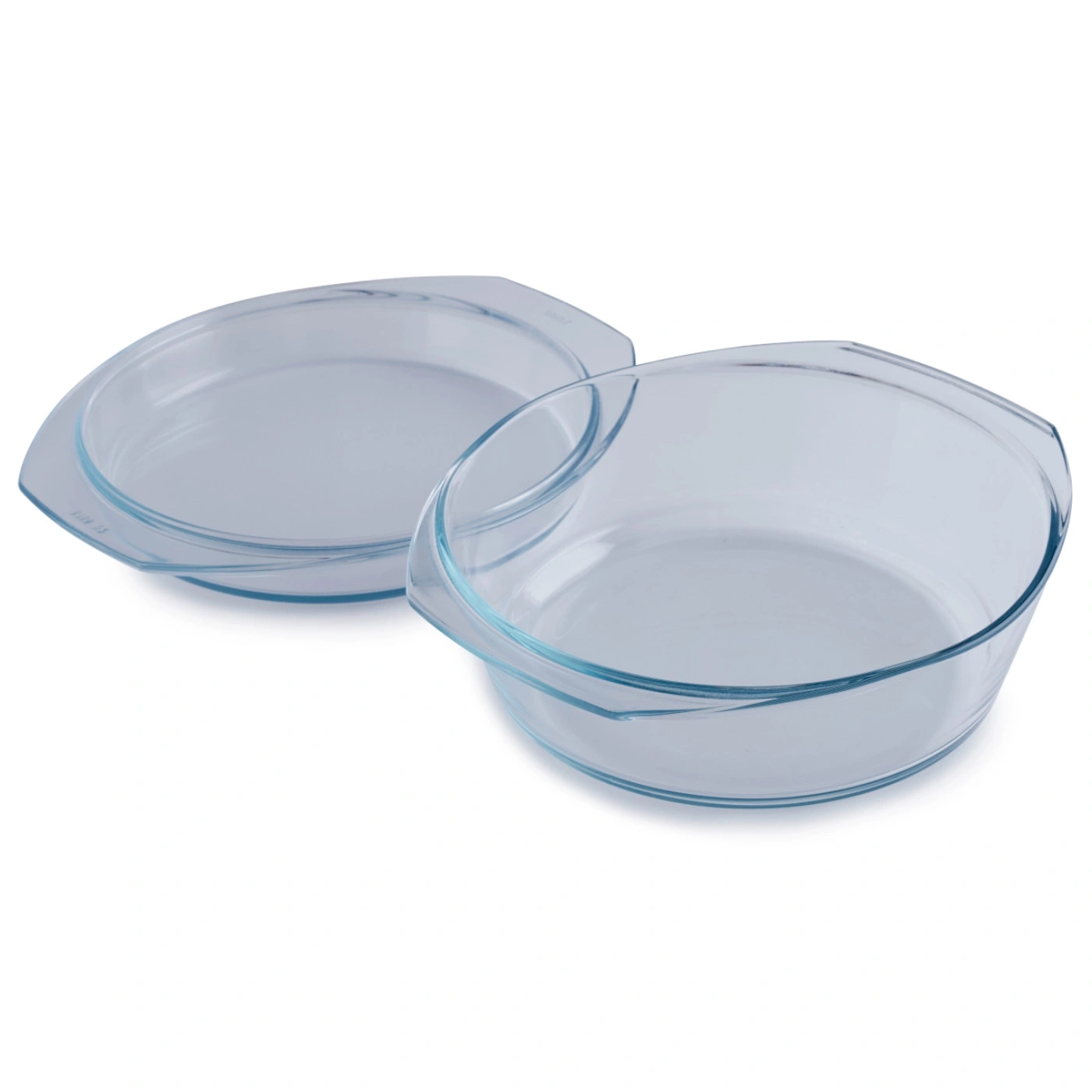 Zwei ovale Glasbackformen auf weißem Hintergrund, transparent, sauber, Küche