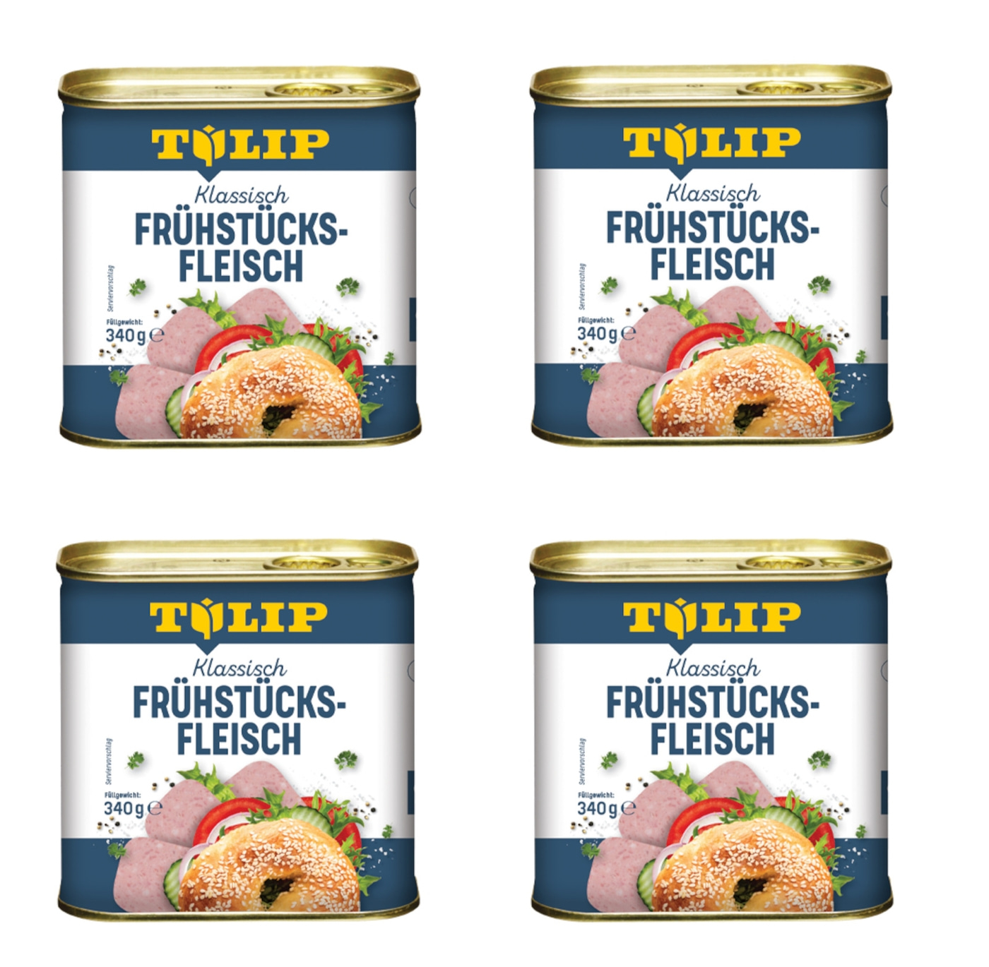 Vier Dosen Frühstücksfleisch mit dem Logo von Tulip, 340g Füllgewicht, Klassisch.