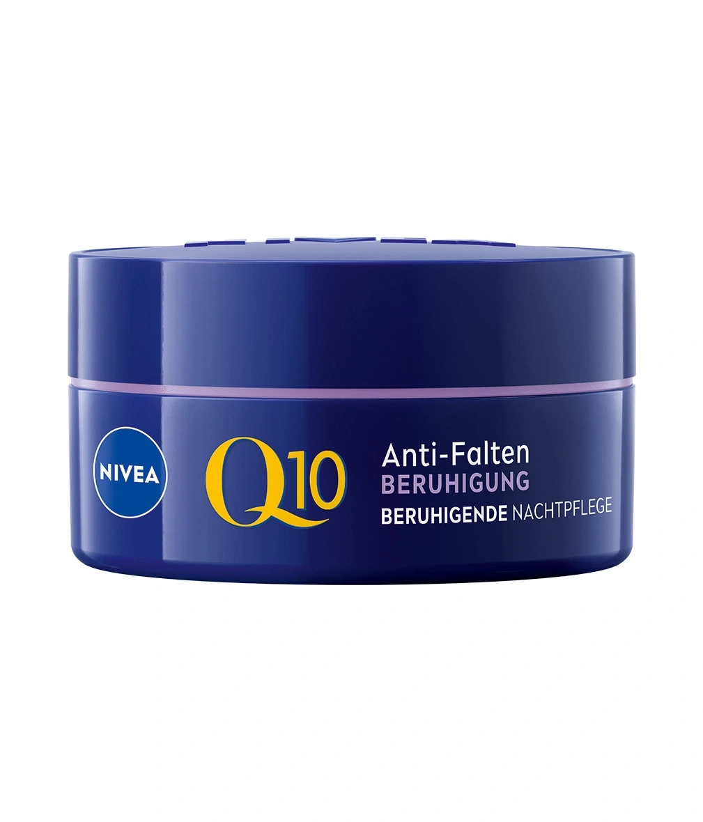 Nivea Q10 Anti-Falten Nachtpflege, blaue Dose, Text: Anti-Falten, Beruhigung, beruhigende Nachtpflege