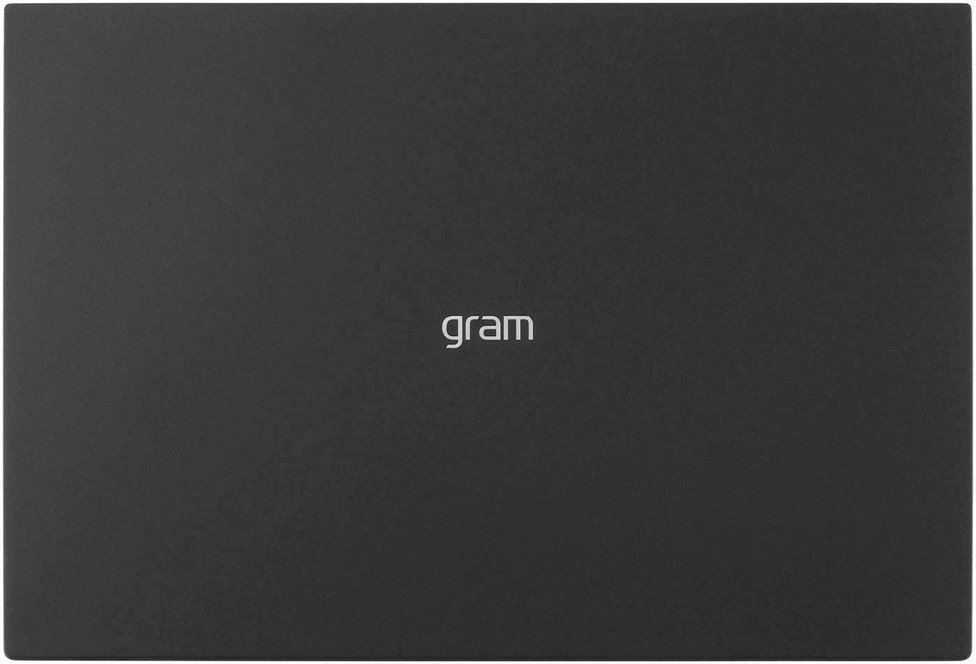 Ein LG Gram Laptop mit dem Logo auf der schwarzen Oberseite.