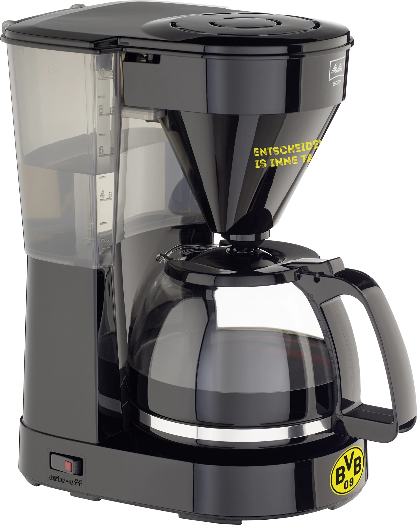 Schwarze Kaffeemaschine mit BVB-Logo, Melitta Easy, Auto-Off-Funktion, Wasserstandsanzeige, gelber Schriftzug.