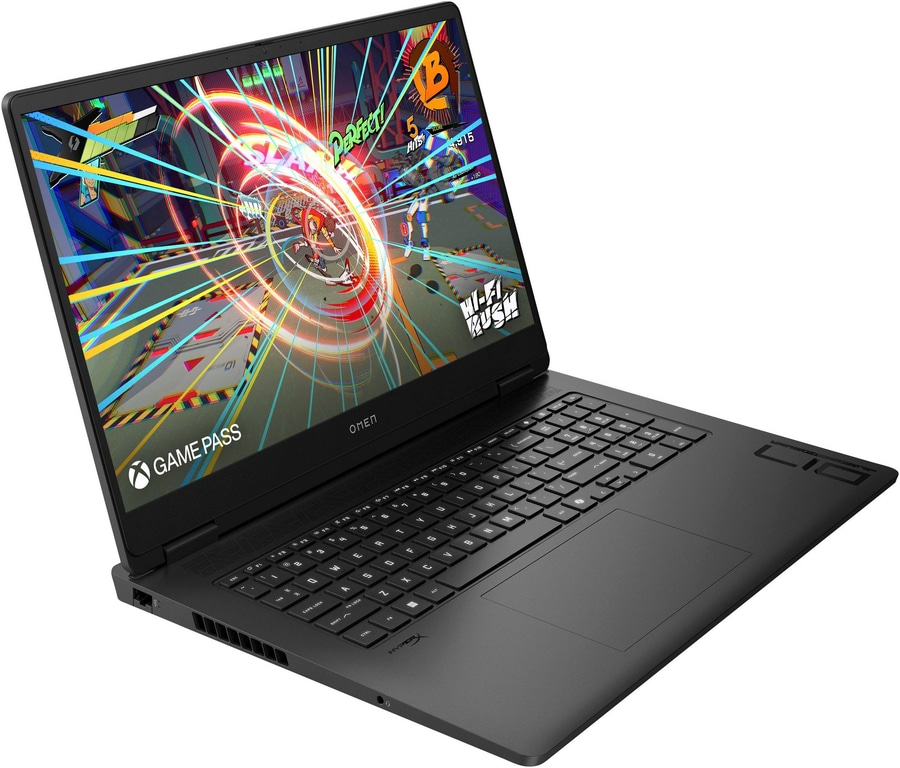 Schwarzer Laptop mit Spiel auf dem Bildschirm, OMEN, Game Pass, HyperX, Tastatur, Gaming-Laptop
