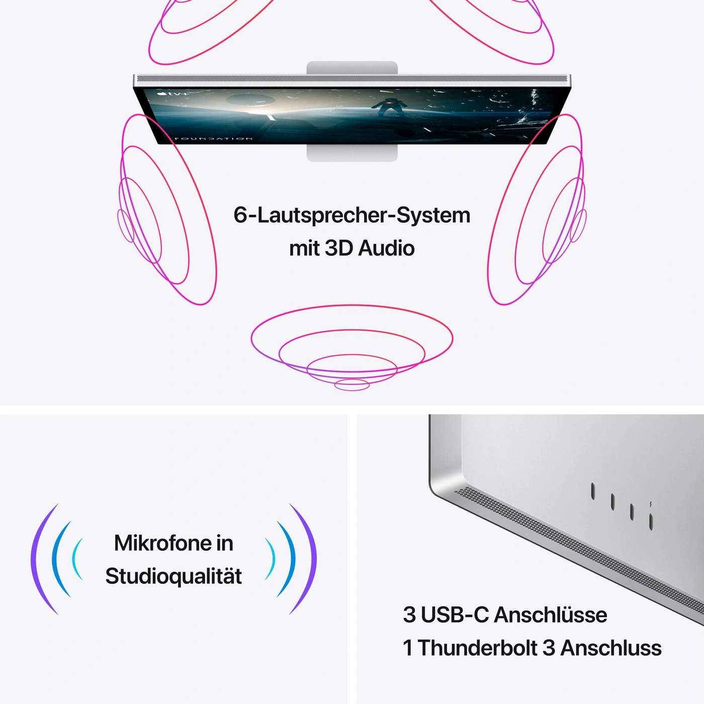 Ein Monitor mit 6-Lautsprecher-System, Mikrofonen in Studioqualität und Thunderbolt 3 Anschlüssen