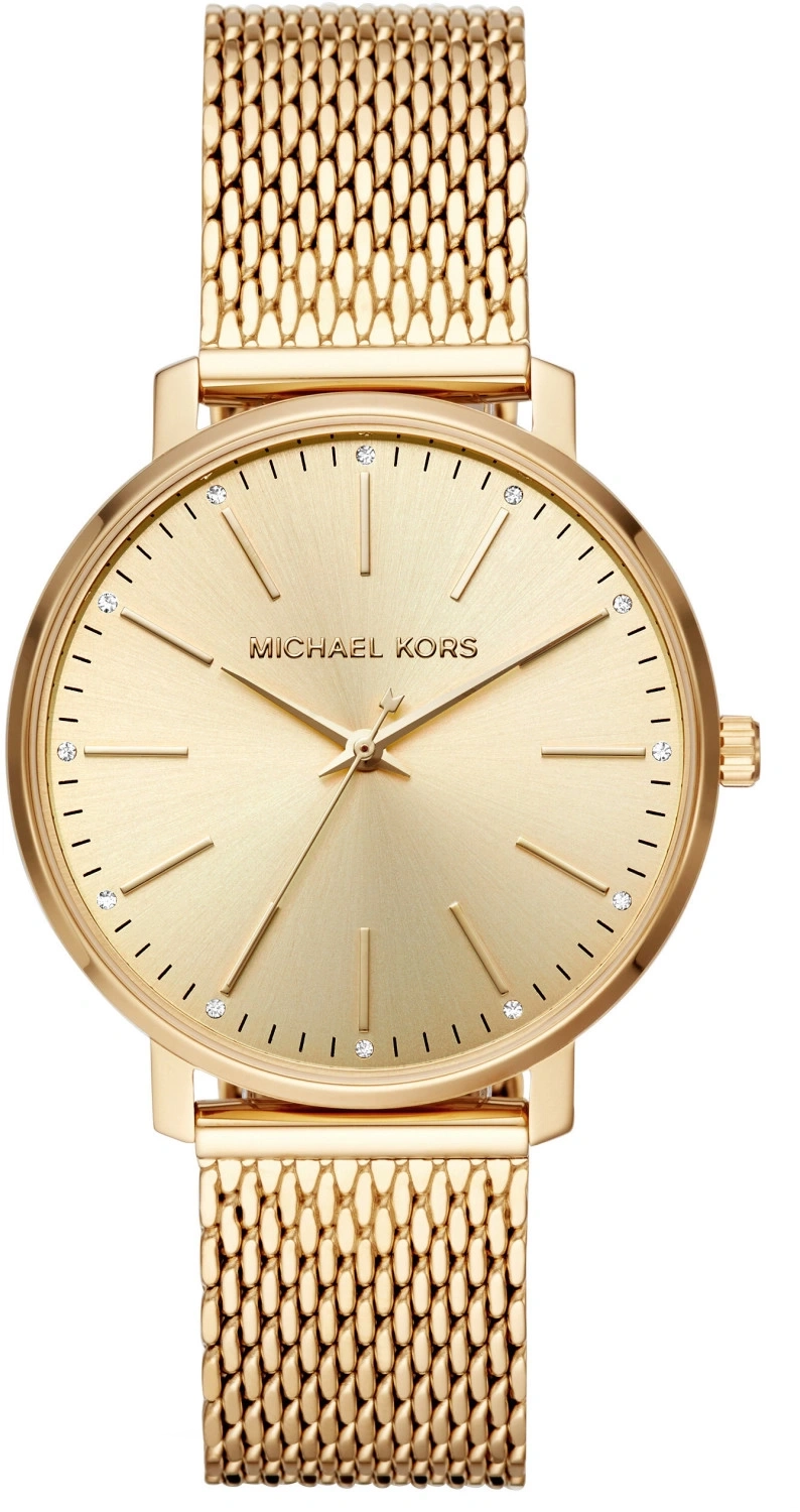 Eine goldene Michael Kors Damenuhr mit Mesh-Armband und Kristallakzenten.