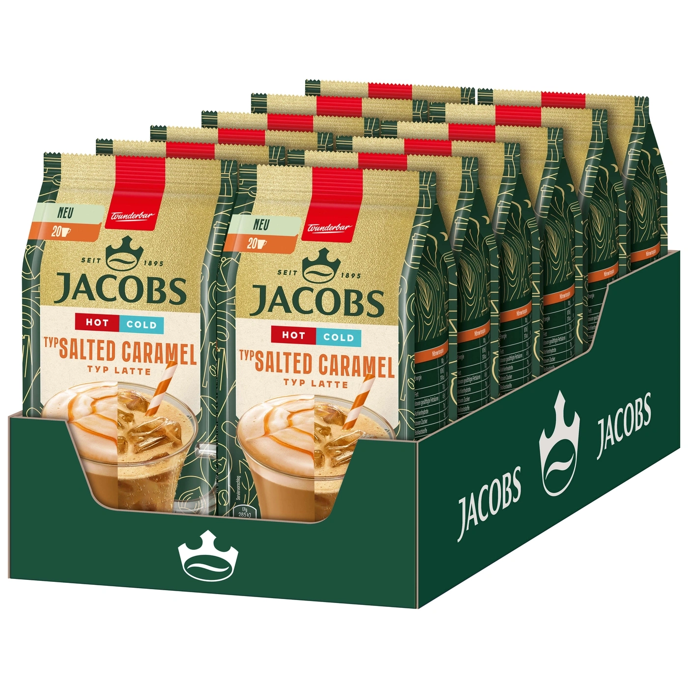 Jacobs Typ Salted Caramel Latte Packung, heiß und kalt, mit Eiswürfeln und Strohhalm