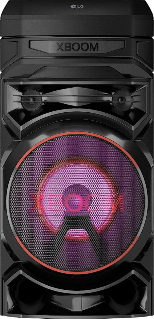 Schwarzer LG XBOOM Lautsprecher mit lila Licht und rotem Rand