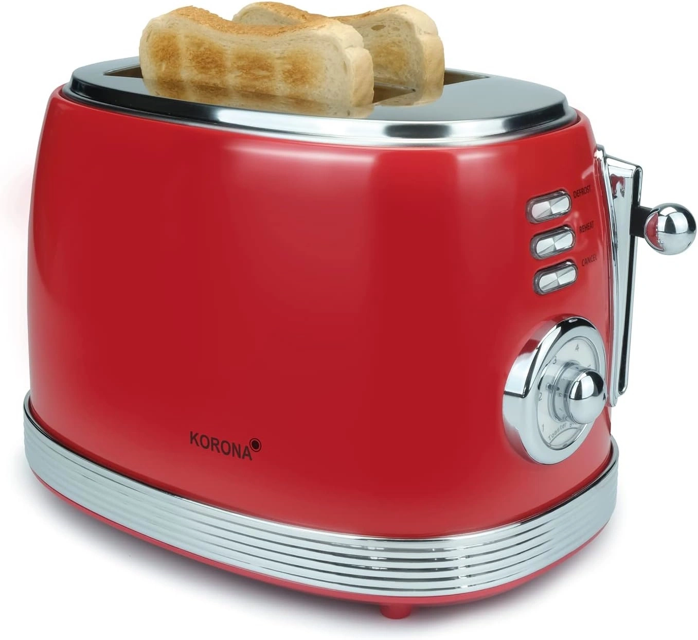 Roter Toaster mit Toastbrot, Chromdetails und Korona-Logo.