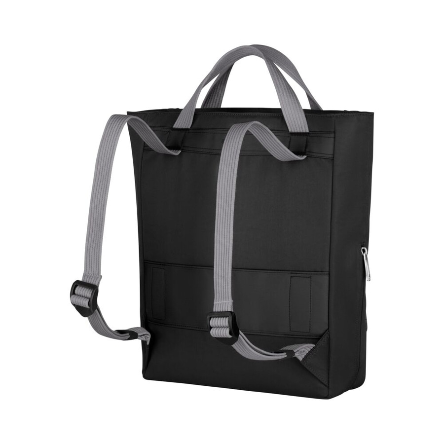 Schwarzer Rucksack mit grauen Trägern und Griffen, seitliche Reißverschlusstasche.