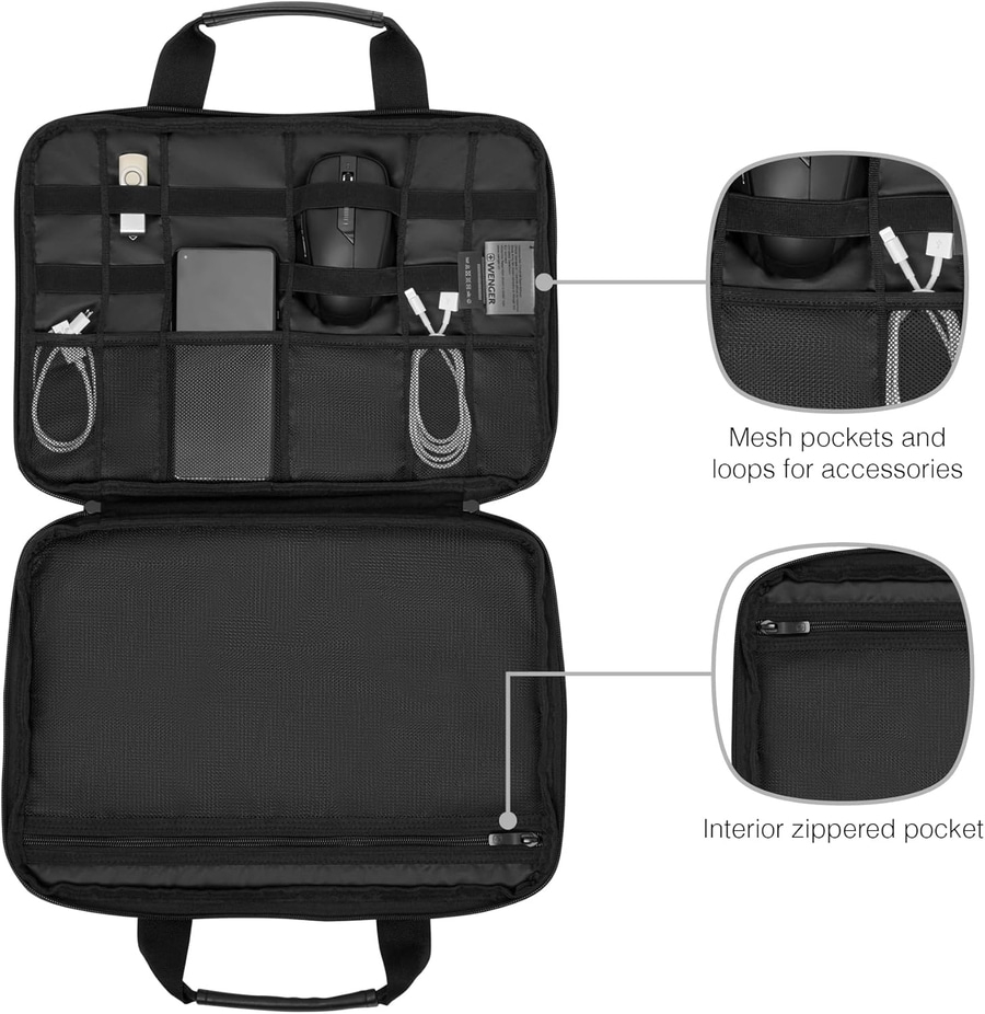 Schwarze Laptoptasche mit vielen Fächern und Reißverschlüssen für Zubehör.