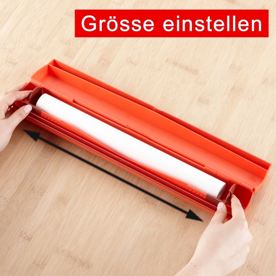 Orange Gerät mit weißer Rolle, Größe einstellen, Holzuntergrund, Hände