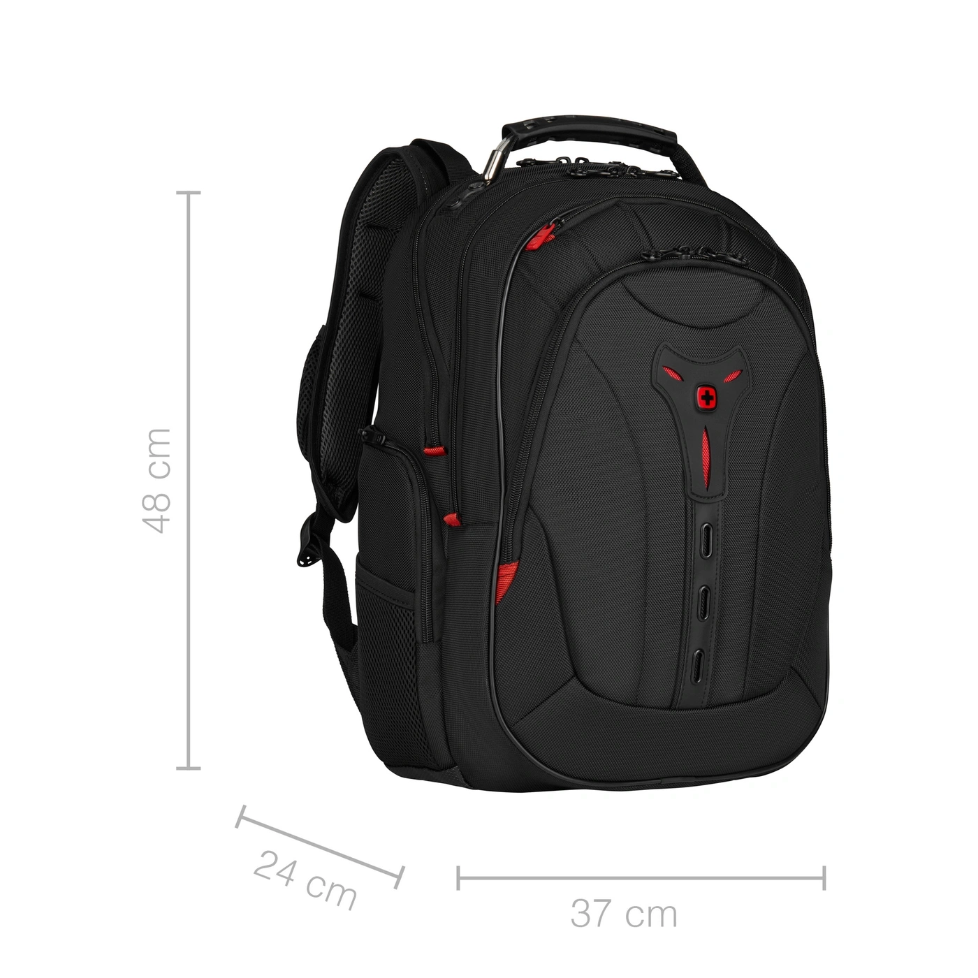 Schwarzer Rucksack mit roten Akzenten, 48 cm hoch, 24 cm breit, 37 cm tief.