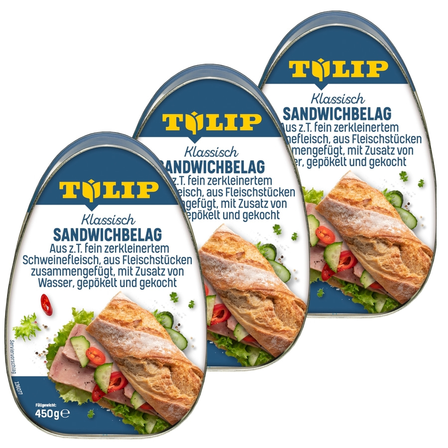 Drei Dosen Sandwichbelag mit Brot, Gemüse und Fleisch, mit dem Logo von Tulip.