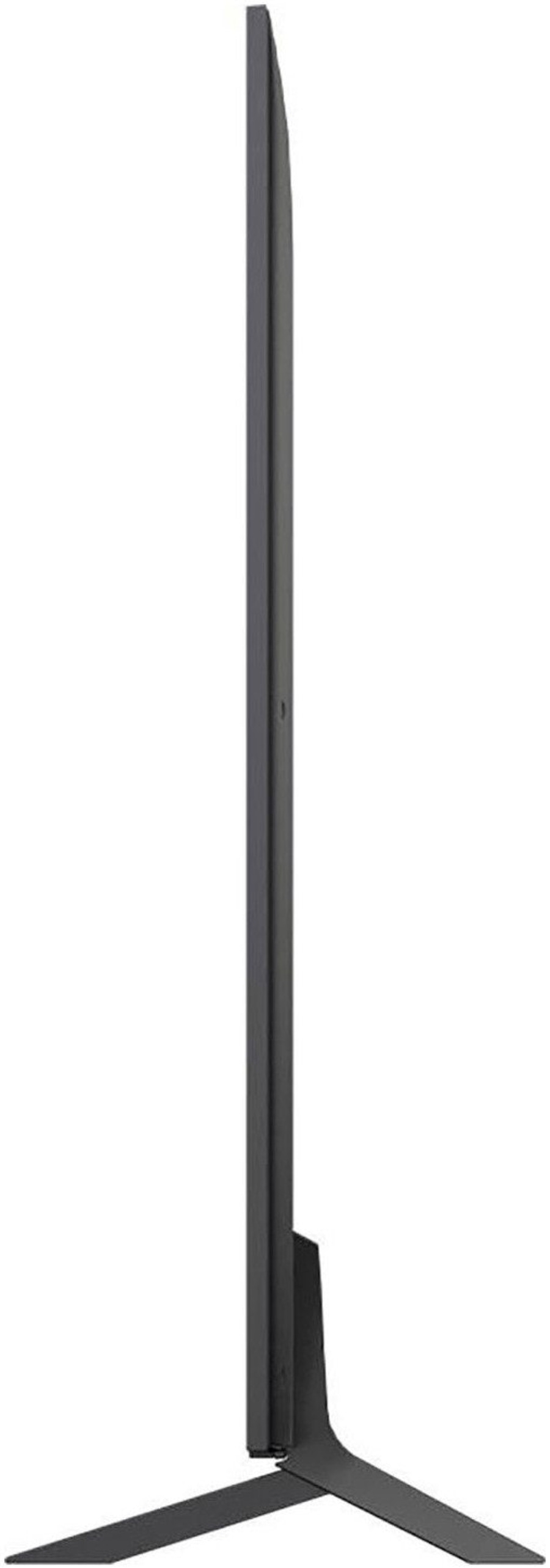 Ein schwarzer Fernseher mit einem schmalen Profil und einem Ständer.