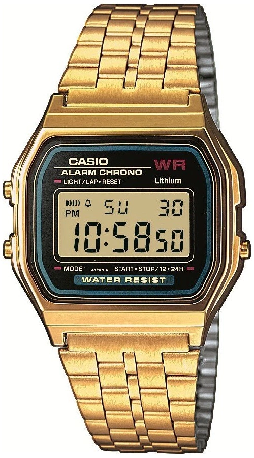 Eine goldene Casio Uhr mit digitaler Anzeige und Metallarmband.