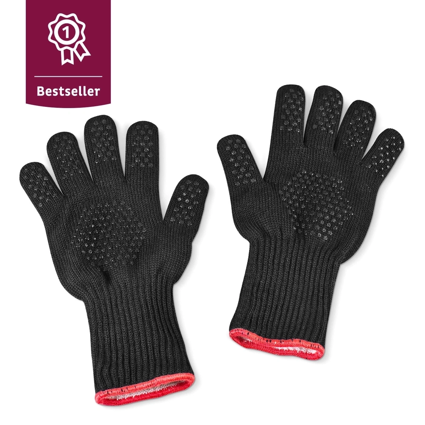 Schwarze Ofenhandschuhe mit roten Rändern und Noppen, Bestseller-Auszeichnung.