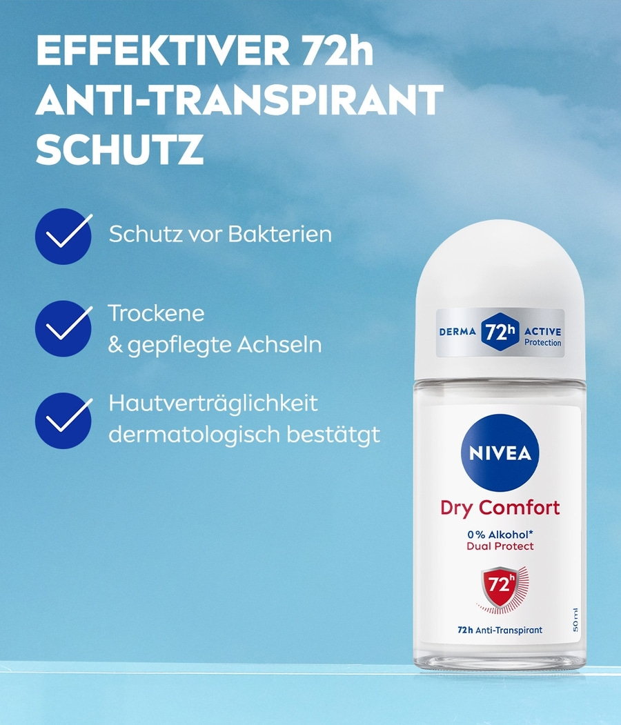 Nivea Dry Comfort Anti-Transpirant, Schutz vor Bakterien, 72h Schutz, 50ml, 0% Alkohol