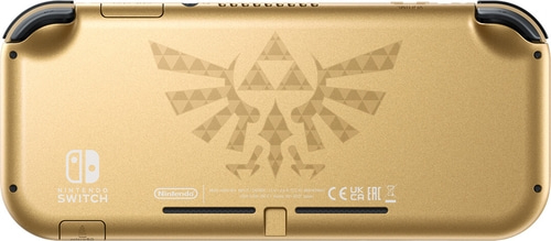 Goldene Nintendo Switch Lite mit Zelda-Logo auf der Rückseite. Goldene Konsole.