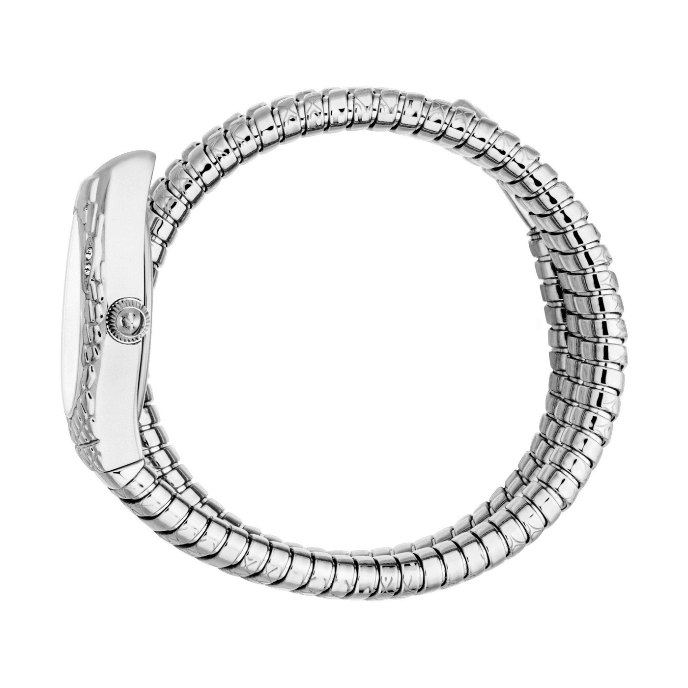 Eine silberne Schlange-förmige Uhr, die sich um sich selbst wickelt.
