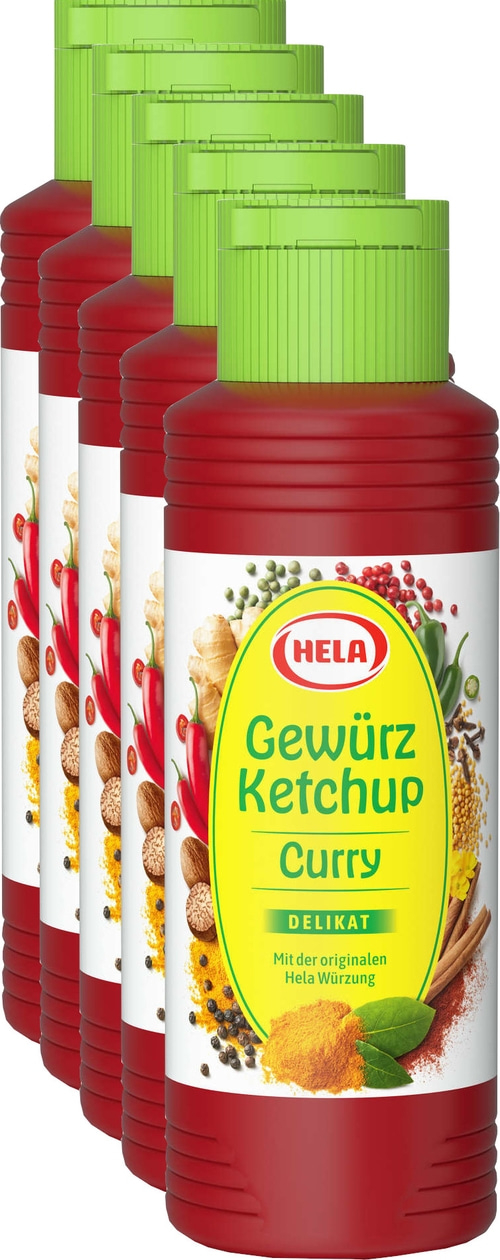 5 x Hela Ketchup Curry delikat Gewürzketchup 300 ml Flasche Ketchupflasche