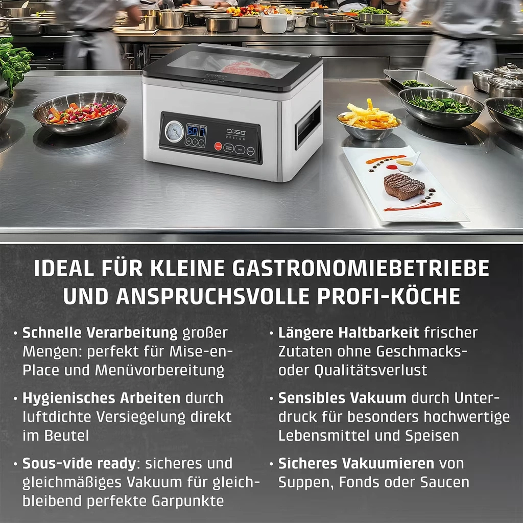 Ein Vakuumiergerät in einer professionellen Küche mit einem Steak und Pommes.