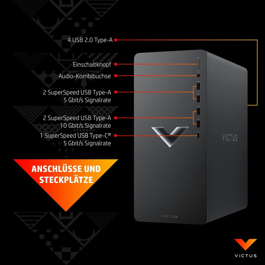 PC-Frontansicht mit Anschlüssen: 4x USB 2.0, Einschaltknopf, Audio, 2x USB 3.0, 2x USB 3.1, 1x USB-C.