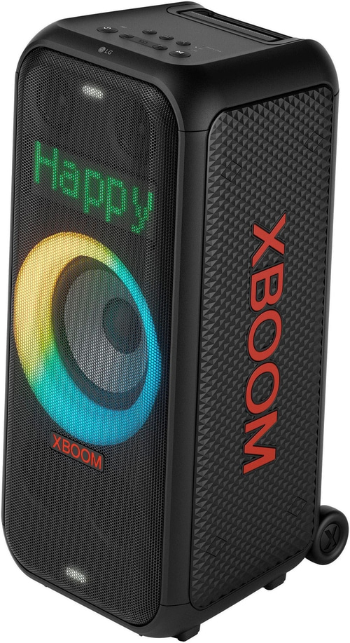 Ein schwarzer LG XBOOM Lautsprecher mit bunten Lichtern und dem Wort "Happy".