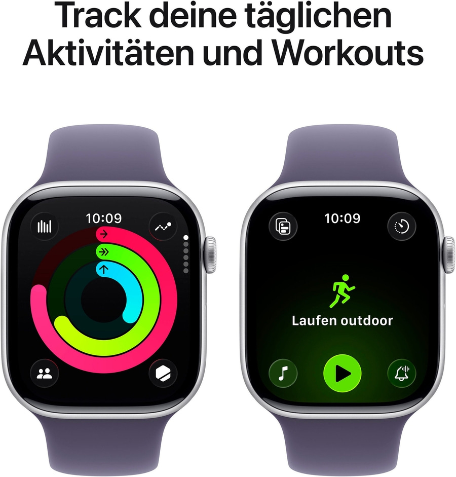 Zwei Apple Watches zeigen tägliche Aktivitäten und Workouts an.