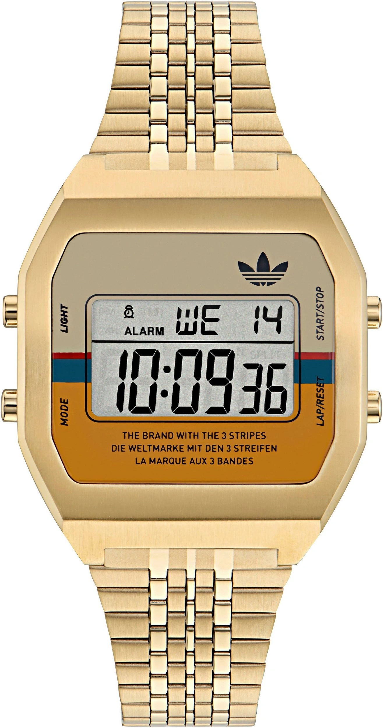 Eine goldene Adidas Digitaluhr mit schwarzem Zifferblatt und silbernen Akzenten