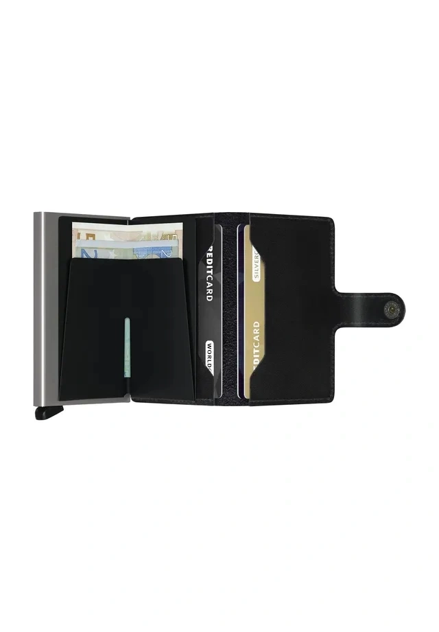 Minimalistischer schwarzer Leder-Kartenhalter mit Silberelementen und Geldscheinen.