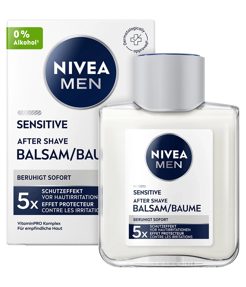 Nivea Men Sensitive After Shave Balsam mit 0% Alkohol und Schutz für empfindliche Haut.