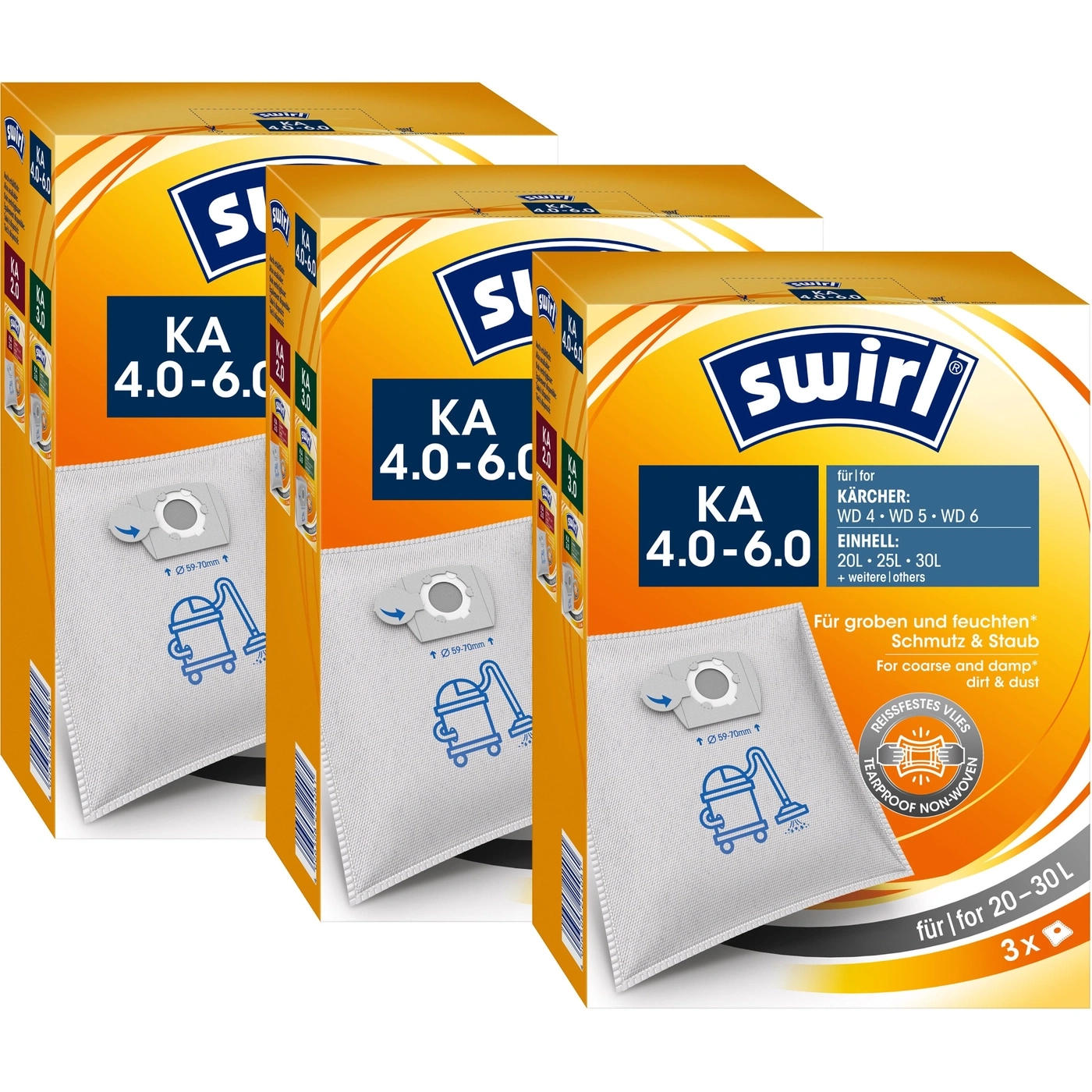 Staubsaugerbeutel-Packung mit der Aufschrift KA 4.0-6.0, 3 Stück, für 20-30L