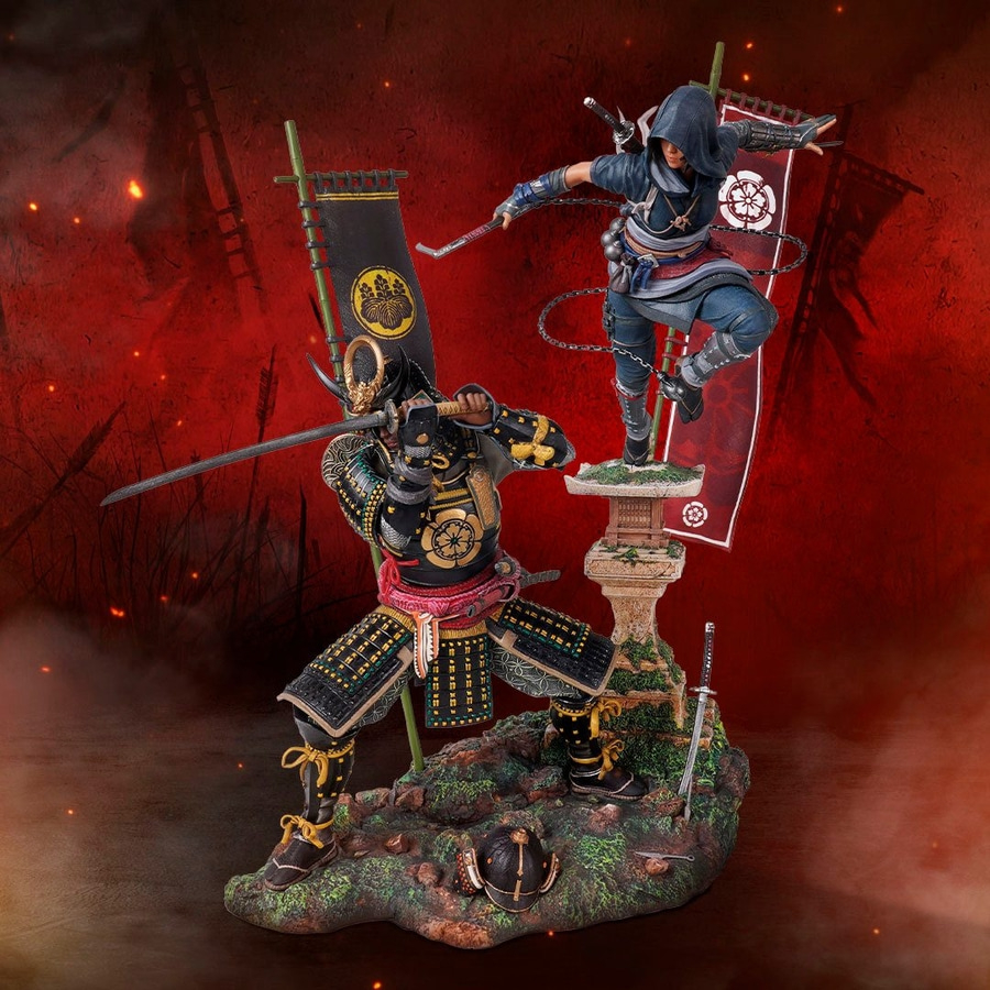 Samurai-Figur, Ninja-Figur, Schwerter, Banner, Kampf, rot, Action-Figur, Kunstwerk, Detail, Krieger