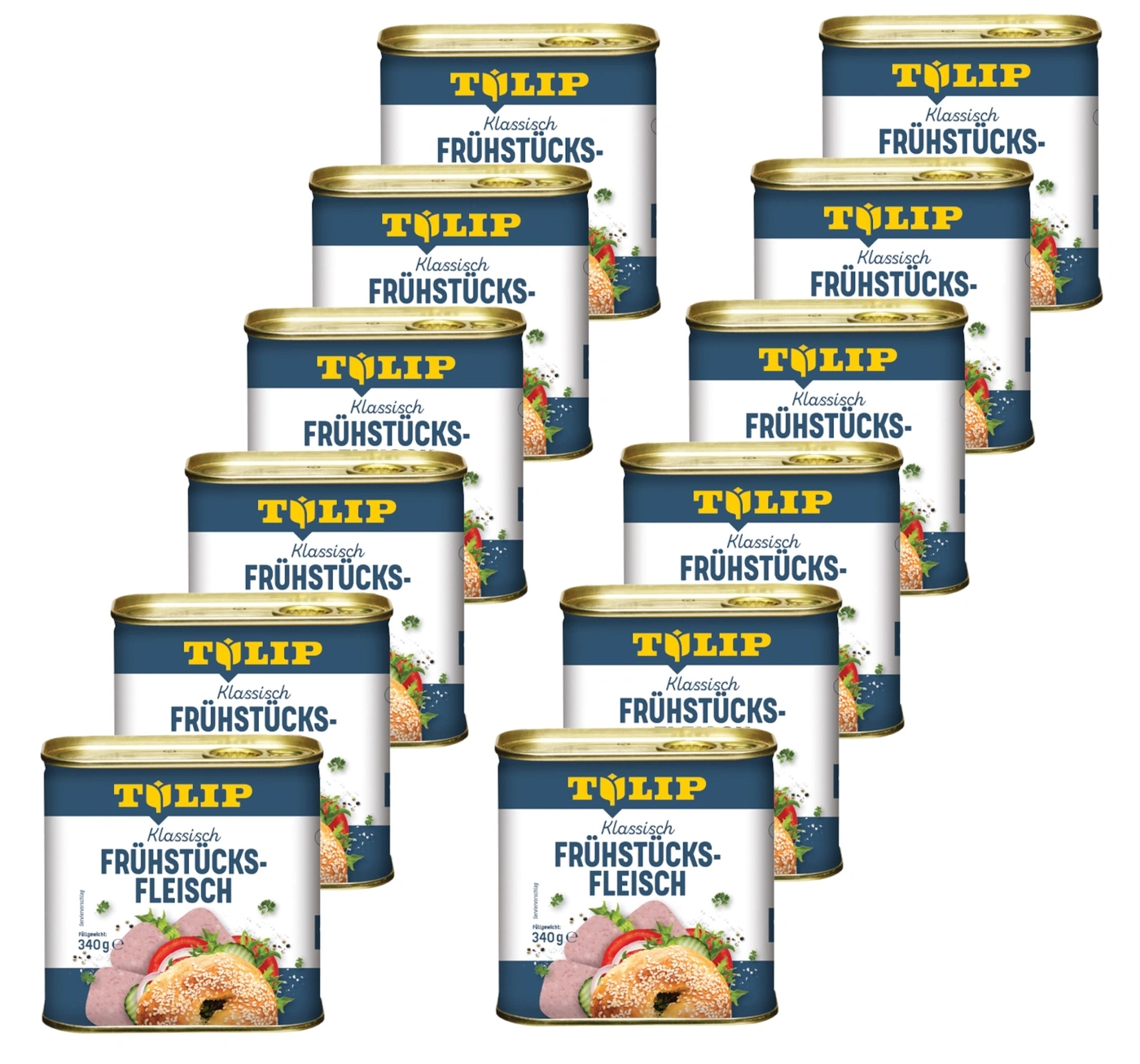 Dosen mit "TULIP Klassisch Frühstücks-Fleisch"-Etikett, 10 Stück