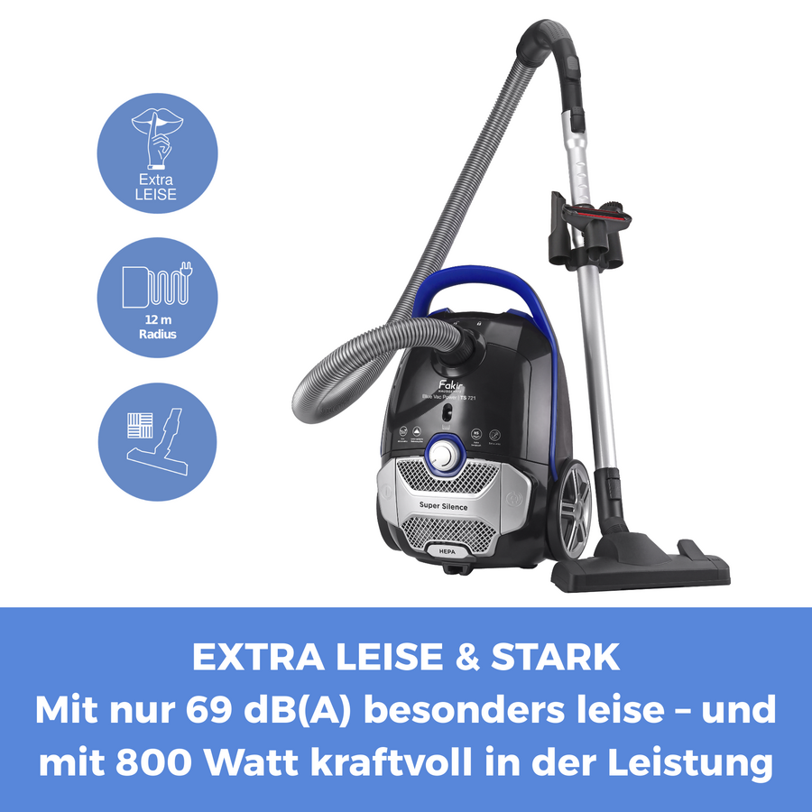 Staubsauger mit Zubehör, extra leise und stark.