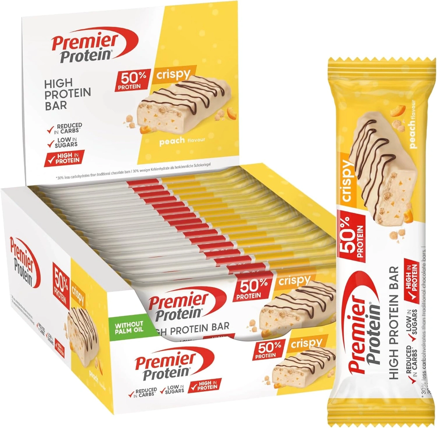 Premier Protein Riegel: Hoher Proteingehalt, Pfirsichgeschmack, 50 % Protein.