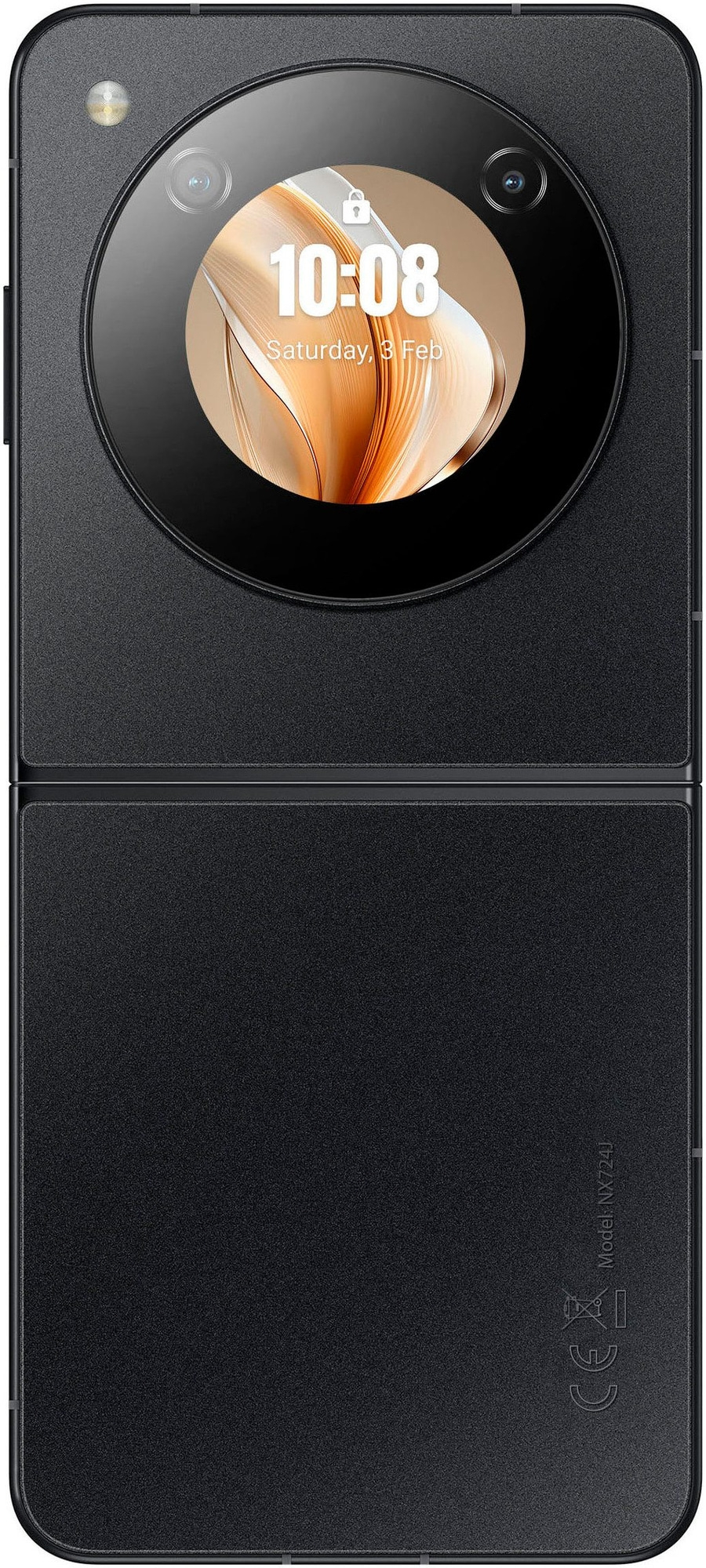 Schwarzes Smartphone mit rundem Bildschirm und Uhrzeit-Anzeige, Modell NX724J.