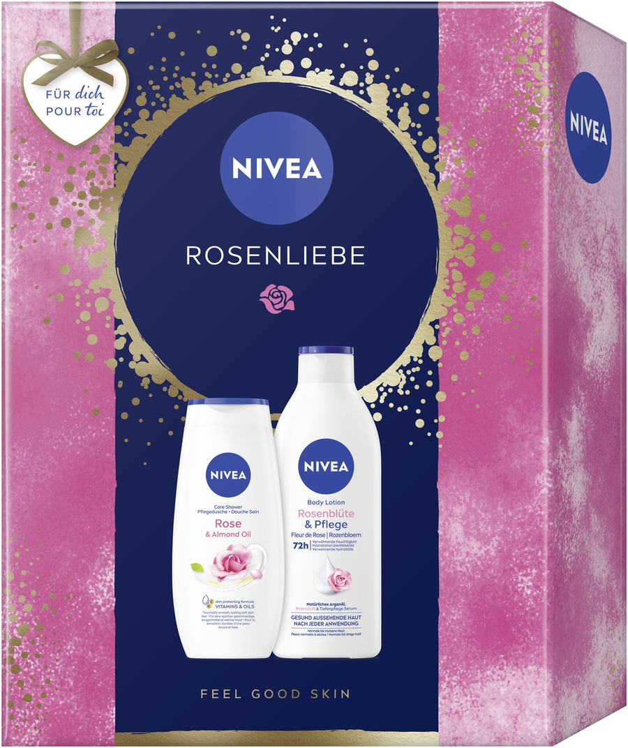 NIVEA Rosenliebe 2 x Geschenkset, Rose & Almond Oil Pflegedusche + Rosenblüten