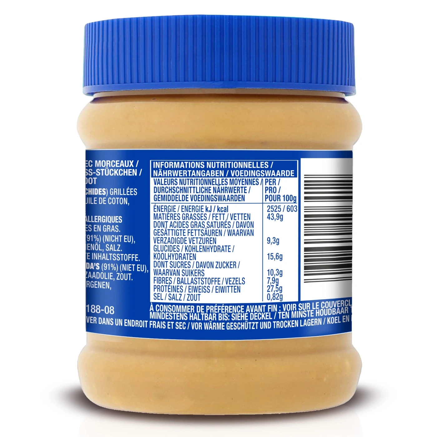 Erdnussbutterglas mit Nährwertangaben und Barcode auf der Rückseite.