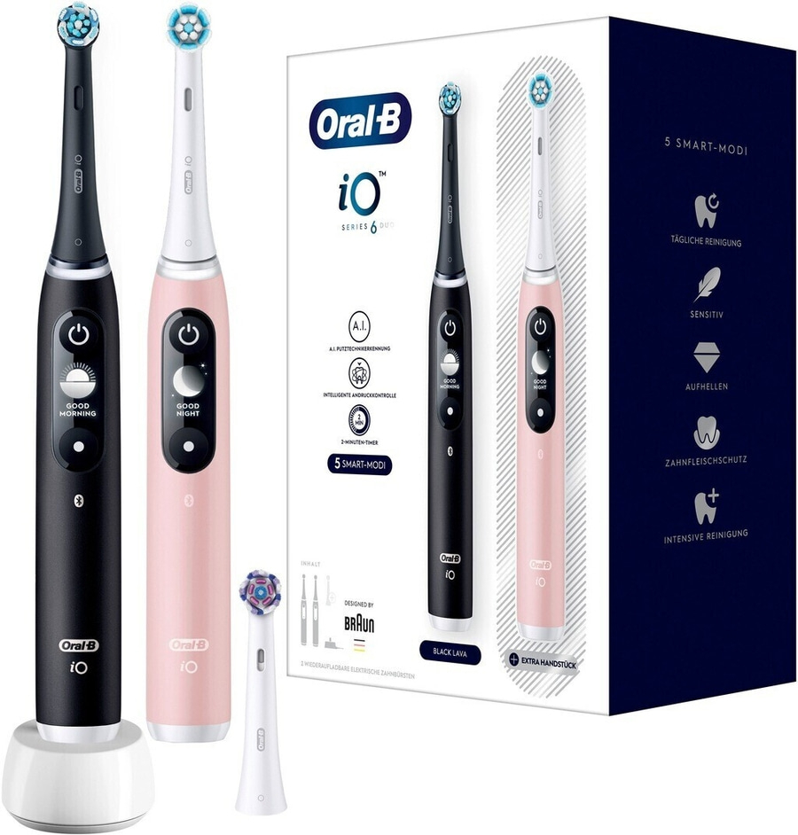 Oral-B iO Series 6 elektrische Zahnbürste, schwarz und rosa, mit Zubehör und Verpackung