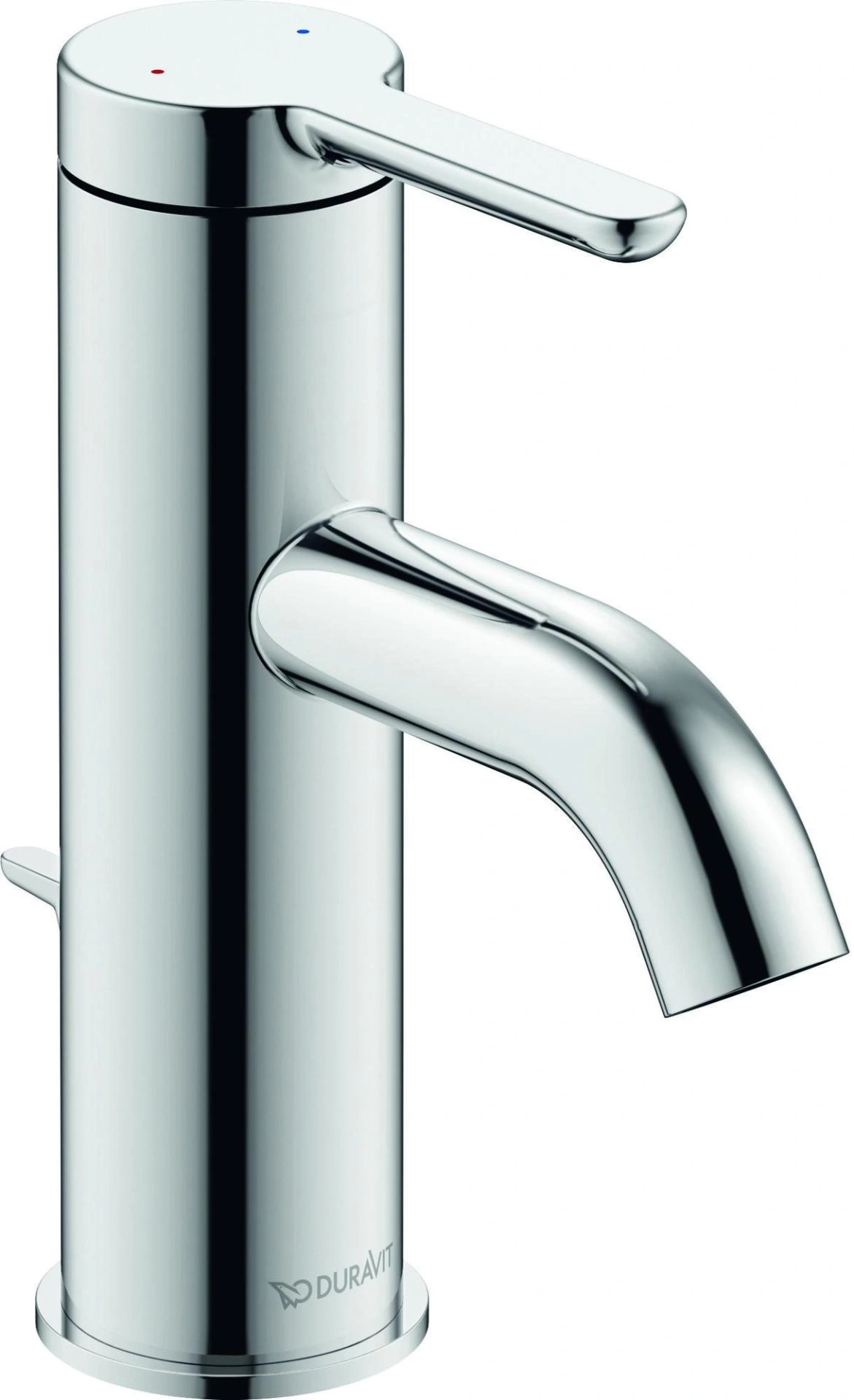 Chrom-Wasserhahn, modernes Design, glänzende Oberfläche, Badezimmerarmatur, Duravit-Logo, Einhebelmischer