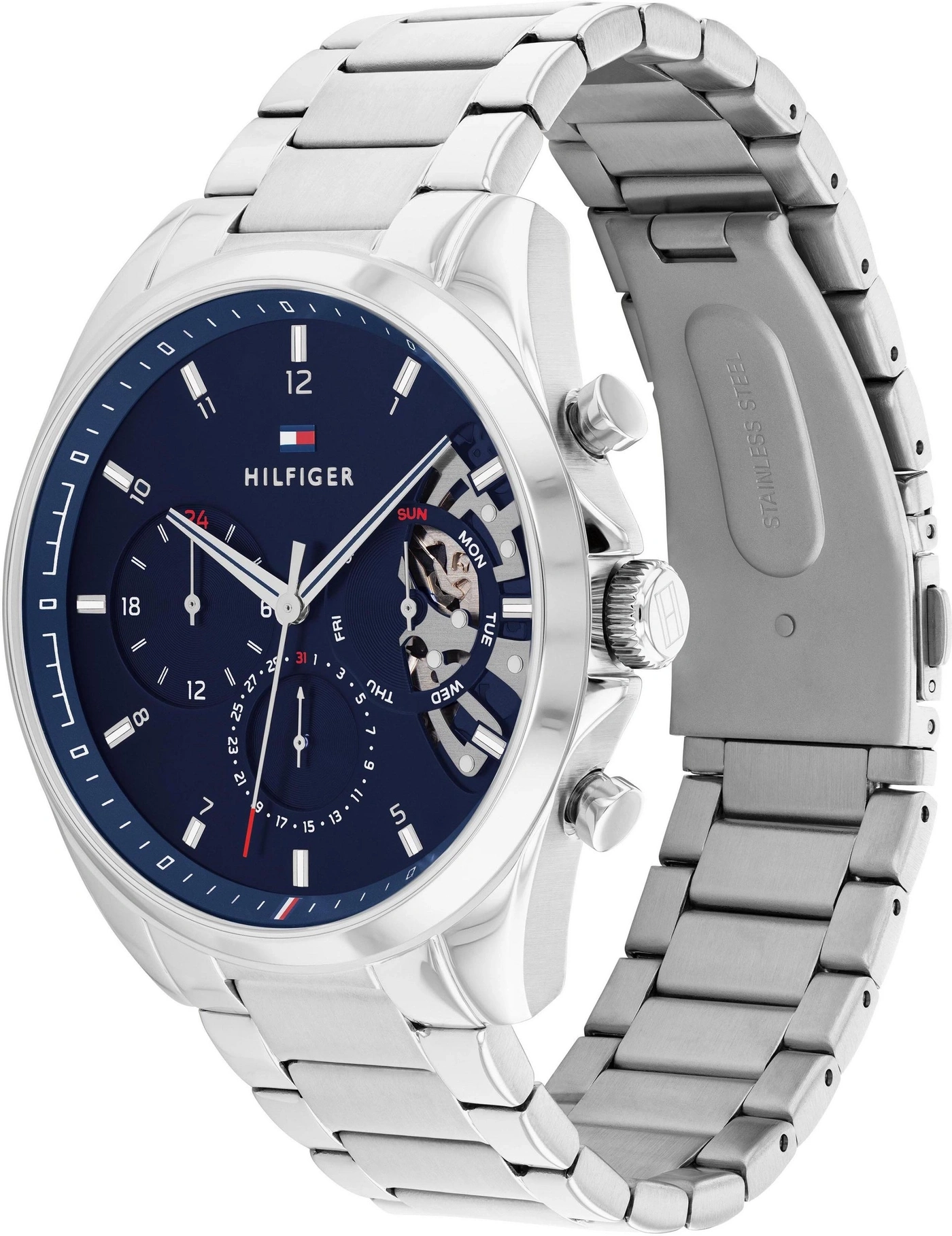 Herren-Armbanduhr mit blauem Zifferblatt und Edelstahlarmband.