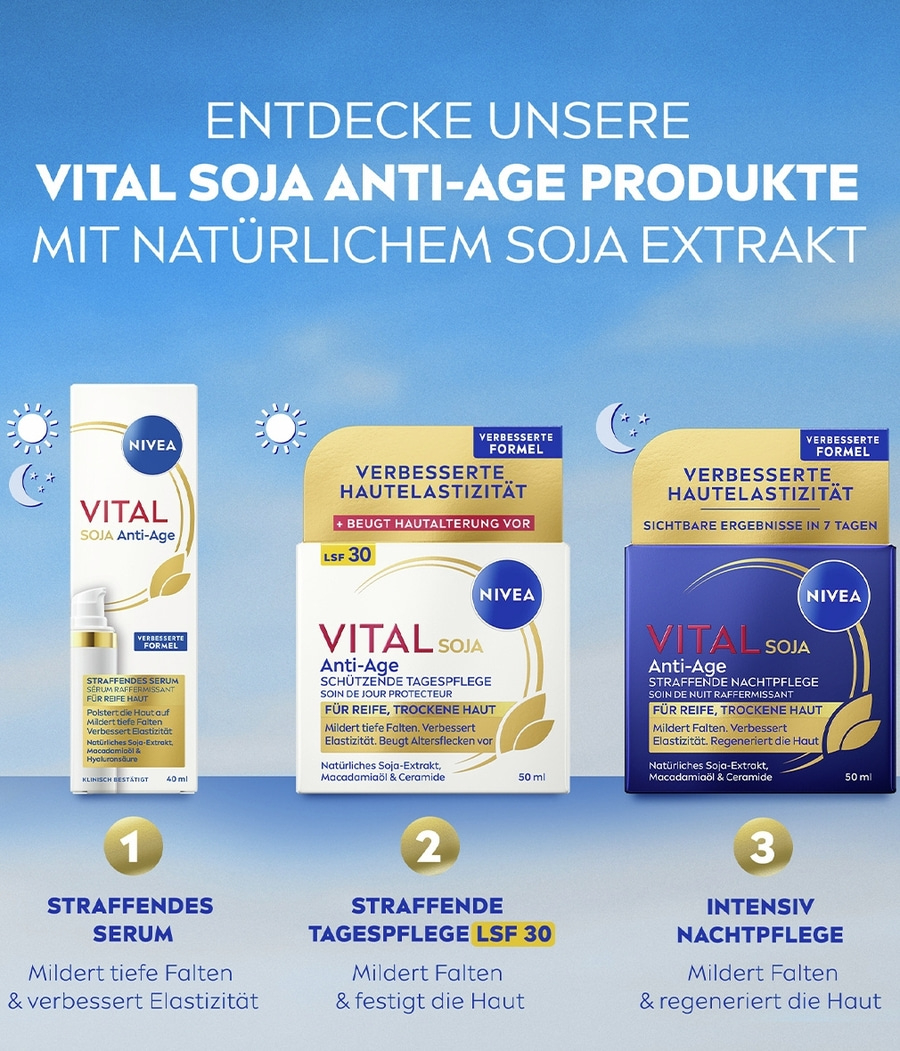 Nivea Vital Soja Anti-Age Produkte mit natürlichem Soja Extrakt für straffende Haut.