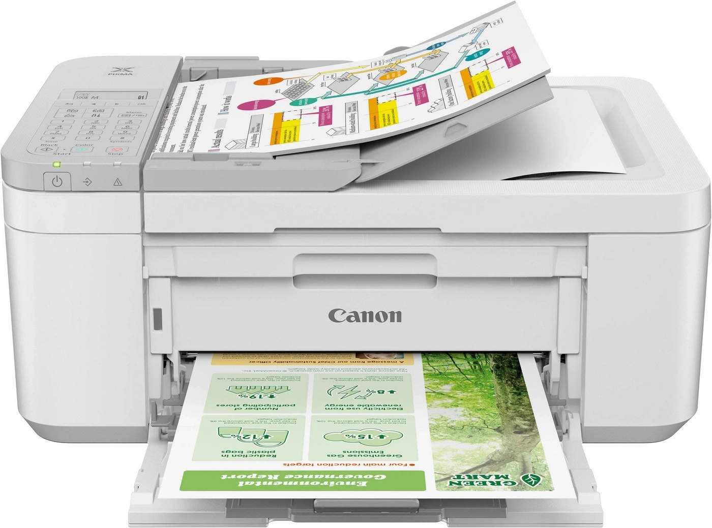 Ein Canon PIXMA Drucker mit einem Umweltbericht, der auf dem Ausgabefach liegt.
