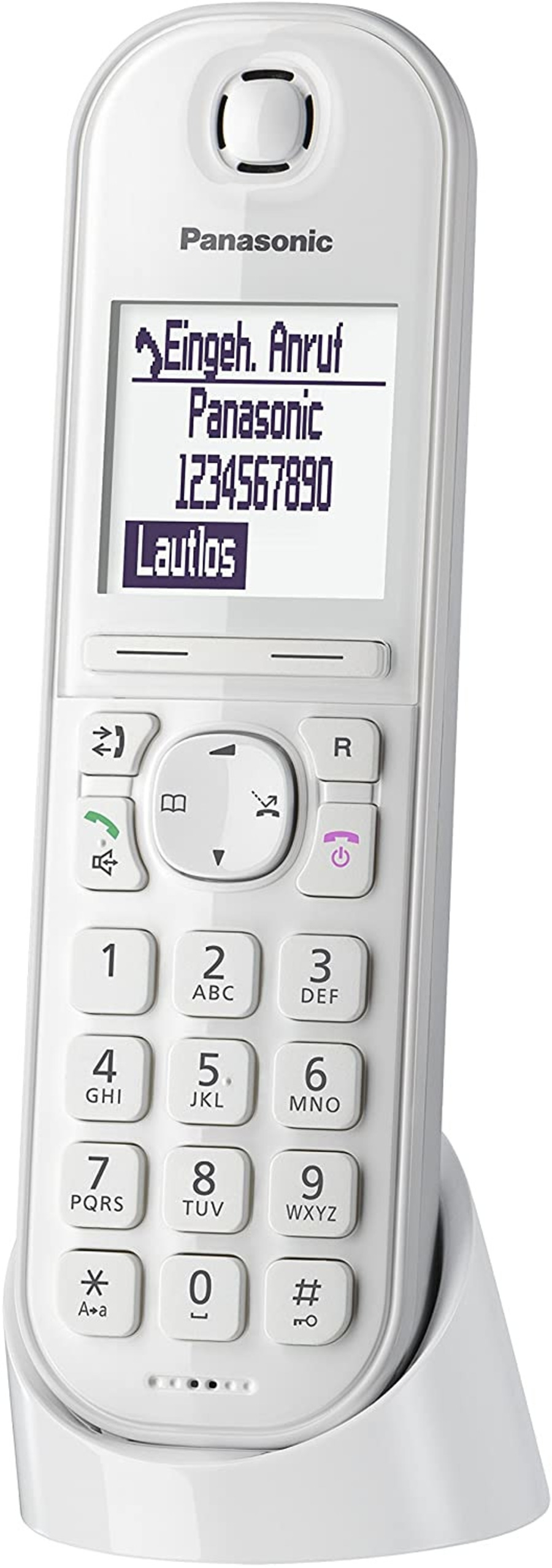 Weißes schnurloses Telefon mit Display, Tasten und Panasonic-Logo. Zeigt eingehenden Anruf an.