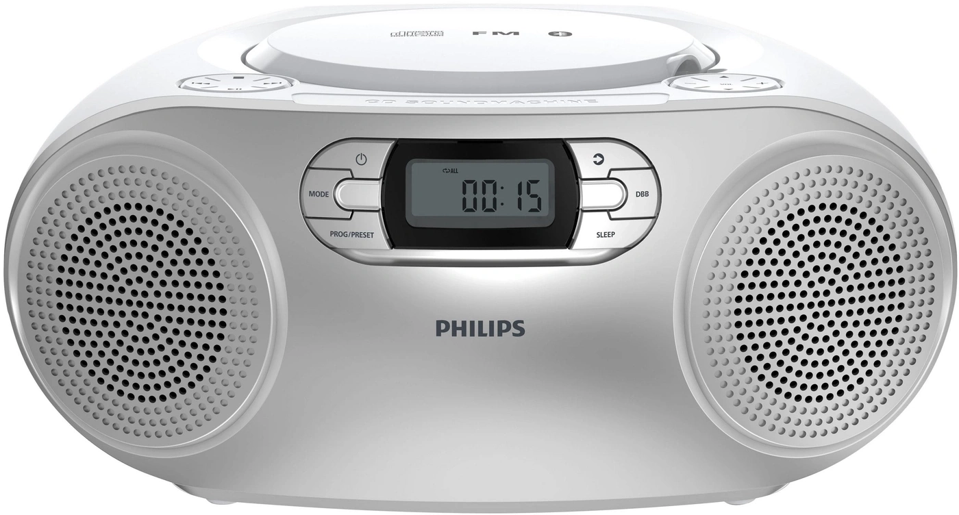 Ein weißer Philips CD-Soundmachine mit zwei Lautsprechern und einem Display.