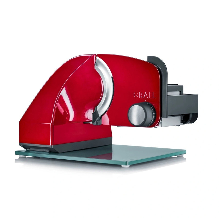 Rote Aufschnittmaschine mit Glasplatte, GRAEF-Logo, Detailaufnahme, isoliert