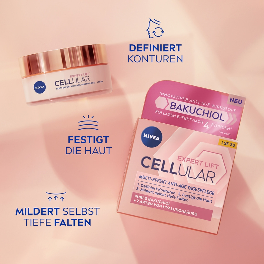 Nivea Cellular Expert Lift Creme mit Bakuchiol, die Falten mildert und die Haut festigt.