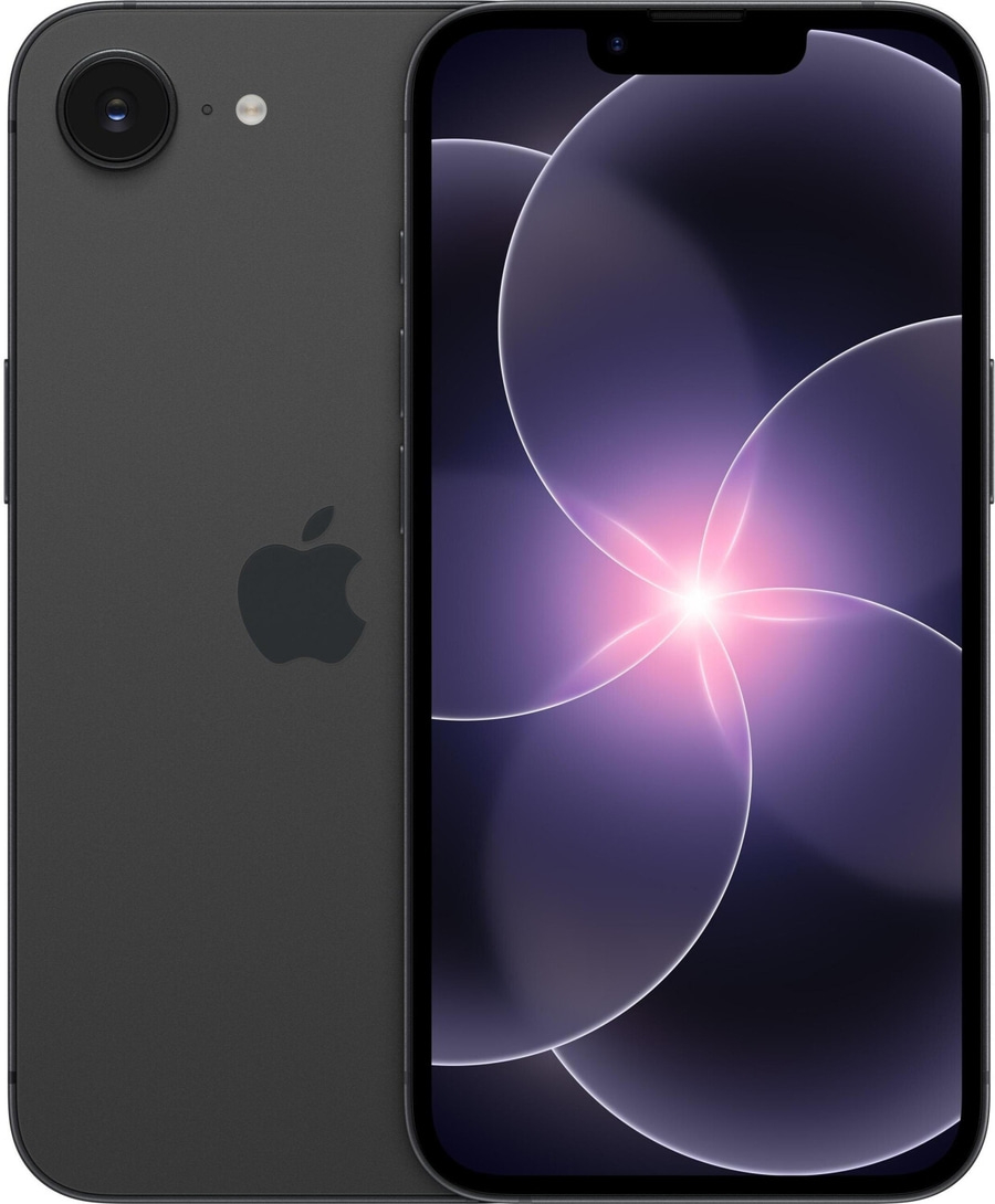 Dunkelgraues Smartphone mit Apple-Logo und abstraktem Hintergrundbild