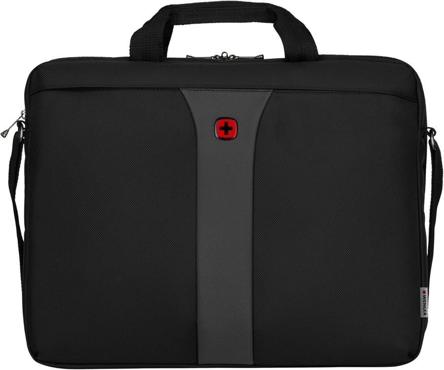 Schwarze Laptoptasche mit rotem Kreuz und Griff, von Wenger.
