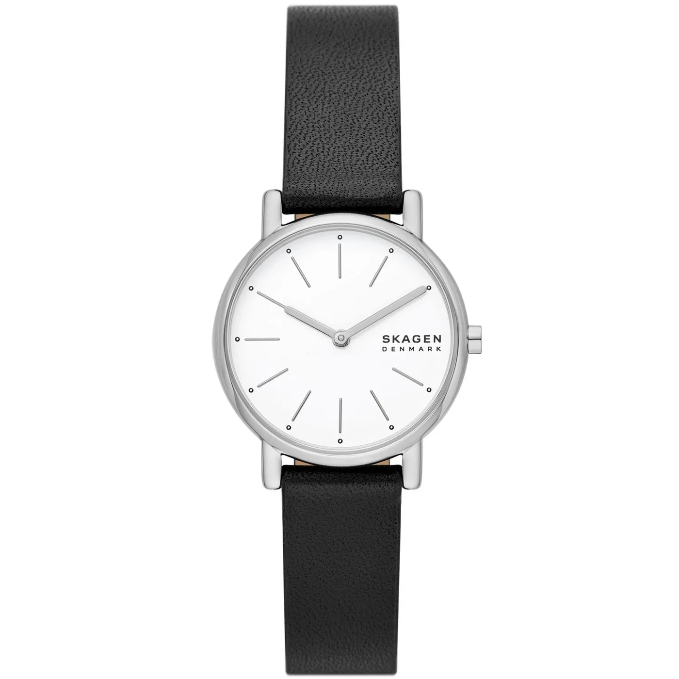 Ein schlichter Skagen Damenuhr mit einem weißen Zifferblatt und einem schwarzen Lederarmband